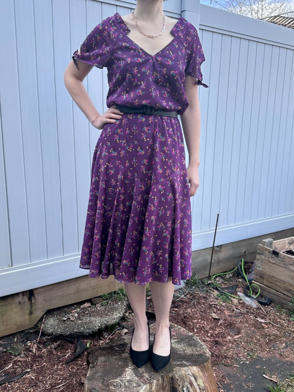 Vintage Orite Purple Floral Sheer Tie Sleeve Midi Dress